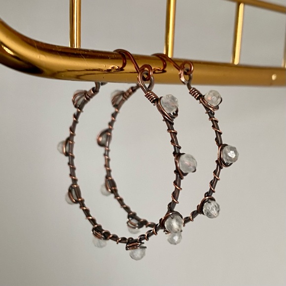 Handcrafted Moonstone + Hammered Copper Hoop Earrings - Picture 2 of 9